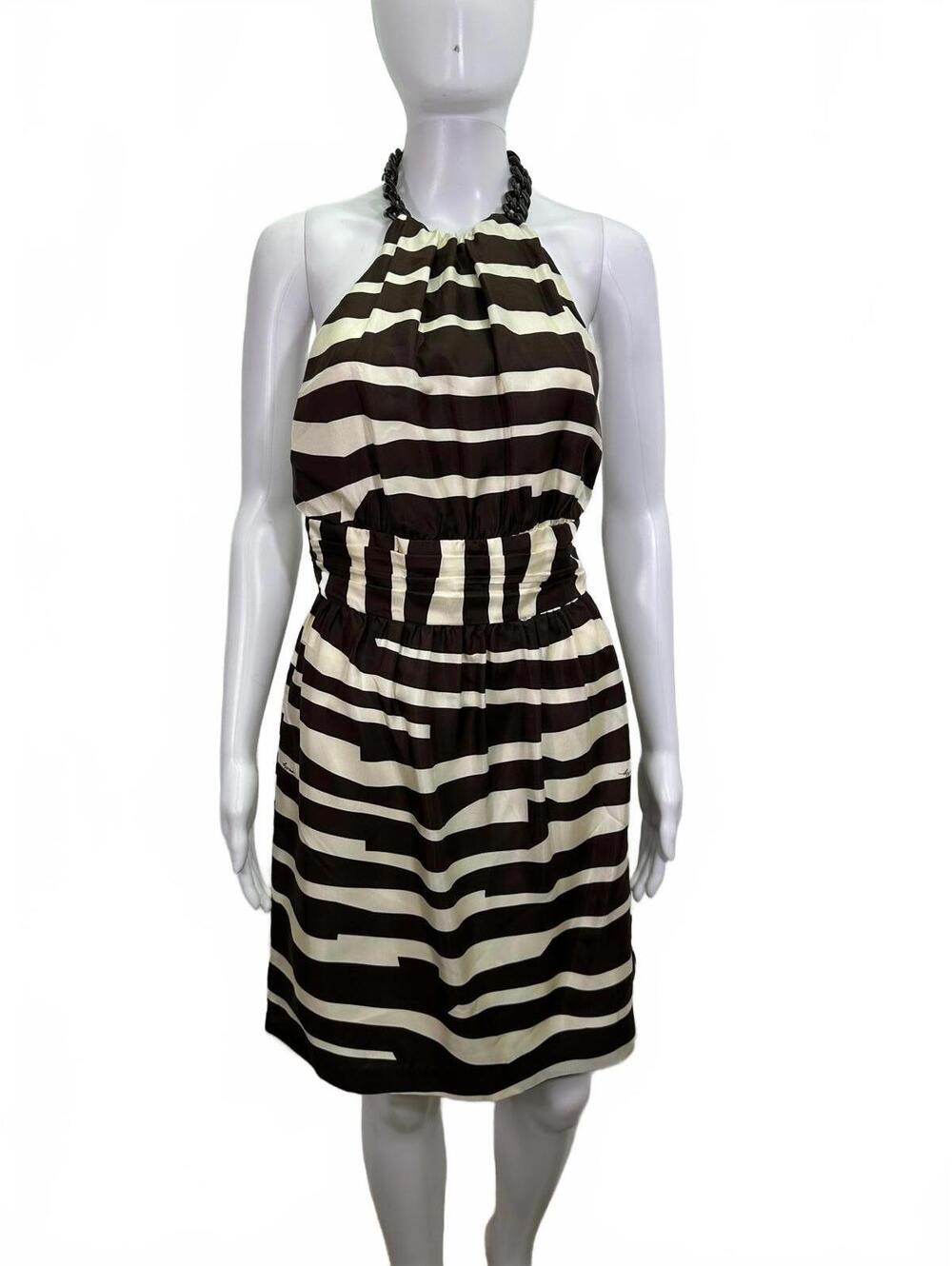 Sz 6 Milly Of New York Brown Cream Striped Halter Dress Silk Chain Link Neck